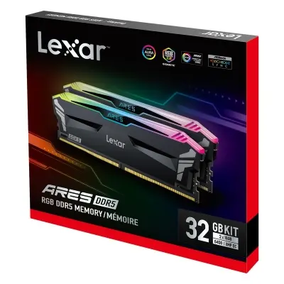 LEXAR ARES RAM DT DDR5 UDIMM 32GB Kit (2X16GB) 6400 288PIN CL32 1.4V MEMORY WITH HEATSINK AND RGB LIGHTING DUAL PACK BLACK COLOR LD5EU016G-R6400GDLA