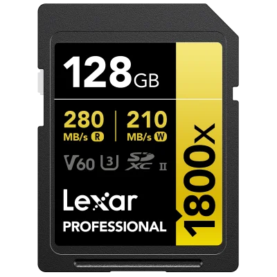 LEXAR 128GB LSD1800128G-BNNNG SD PROFESSIONAL 1800X SDXC UHS-II CARDS UP TO 280MB/S READ 210MB/S WRITE C10 V60 U3