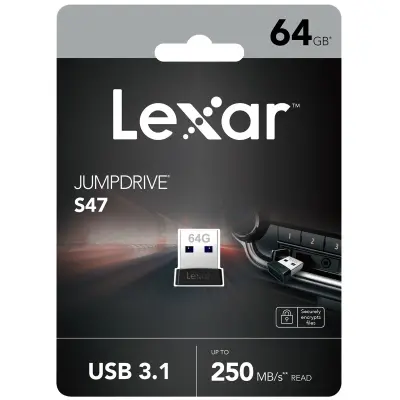 LEXAR 64GB LJDS47-64GABBK USB BELLEK JUMPDRIVE USB 3.1 S47 64GB BLACK PLASTIC HOUSING UP TO 250MB/S