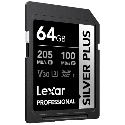 LEXAR LSDSIPL064G-BNNNG SD PROFESSIONAL SILVER PLUS SDXC UHS-I CARDS UP TO 205MB/S READ 100MB/S WRITE C10 V30 U3