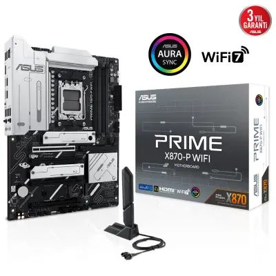 ASUS MB PRIME X870-P WIFI AMD X870 AM5 DDR5 8000 HDMI 2xUSASUS MB PRIME X870-P WIFI AMD X870 AM5 DDR5 8000 HDMI 2XUSB4 4X M2 USB3.2 WIFI 7 + BT AURA RGB 2.5GBIT LAN ATX 14+2+1(80A) GÜÇ AŞAMALARI ÇİFT USB4 GELİŞMİŞ AI BİLGİSAYARLARI İÇİN HAZIR