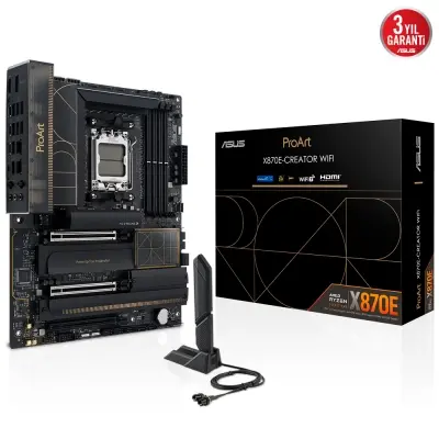 ASUS PROART X870E-CREATOR WIFI AMD X870E AM5 DDR5 8000 HDMI 2xUSB4 4x M2 USB3.2 WiFi 7 + BT AURA RGB 10Gbit + 2.5Gbit LAN ATX 16+2+2 Güç Aşamaları, Çift USB4, ASUS Control Center Express Lisansı