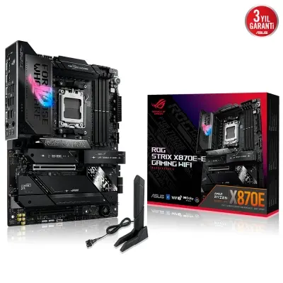 ASUS ROG STRIX X870E-E GAMING WIFI AMD X870 AM5 DDR5 8000 HDMI 2xUSB4 5x M2 USB3.2 WiFi 7 + BT AURA RGB 5Gbit LAN ATX 18+2+2 Güç Aşamaları, Çift USB4, USB 20G PD 3.0 ile 30W a kadar USB Çıkışı