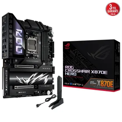 ASUS ROG CROSSHAIR X870E HERO AMD X870E AM5 DDR5 8400 HDMI 2xUSB4 5x M2 USB3.2 WiFi 7 + BT AURA RGB 2.5Gbit + Gbit LAN ATX 18+2+2 Güç Aşamaları, Çift USB4, 5xM.2 slot, Wi-Fi 7, AI Overclocking