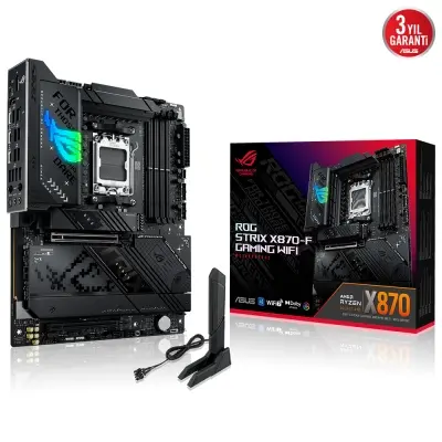 ASUS ROG STRIX X870-F GAMING WIFI AMD X870 AM5 DDR5 8000 DP HDMI 2xUSB4 4x M2 USB3.2 WiFi 7 + BT AURA RGB 5Gbit LAN ATX 16+2+2 Güç Aşamaları, Çift USB4, 4xM.2 slot, PCIe 5.0, USB 10G PD 3.0 ile 30W a kadar USB Çıkışı