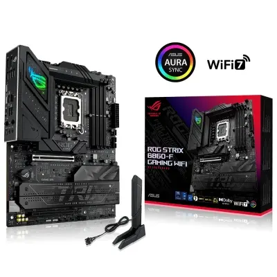 ASUS ROG STRIX B860-F GAMING WIFI Intel B860 LGA1851 DDR5 9066 DP HDMI 4x M2 USB3.2 Gen 2x2 WiFi 7 + BT AURA RGB 2.5Gbit LAN ATX 16+1+2+1 Güç Aşamaları, 1xGen5 M.2, ASUS AI Advisor, Thunderbolt 4